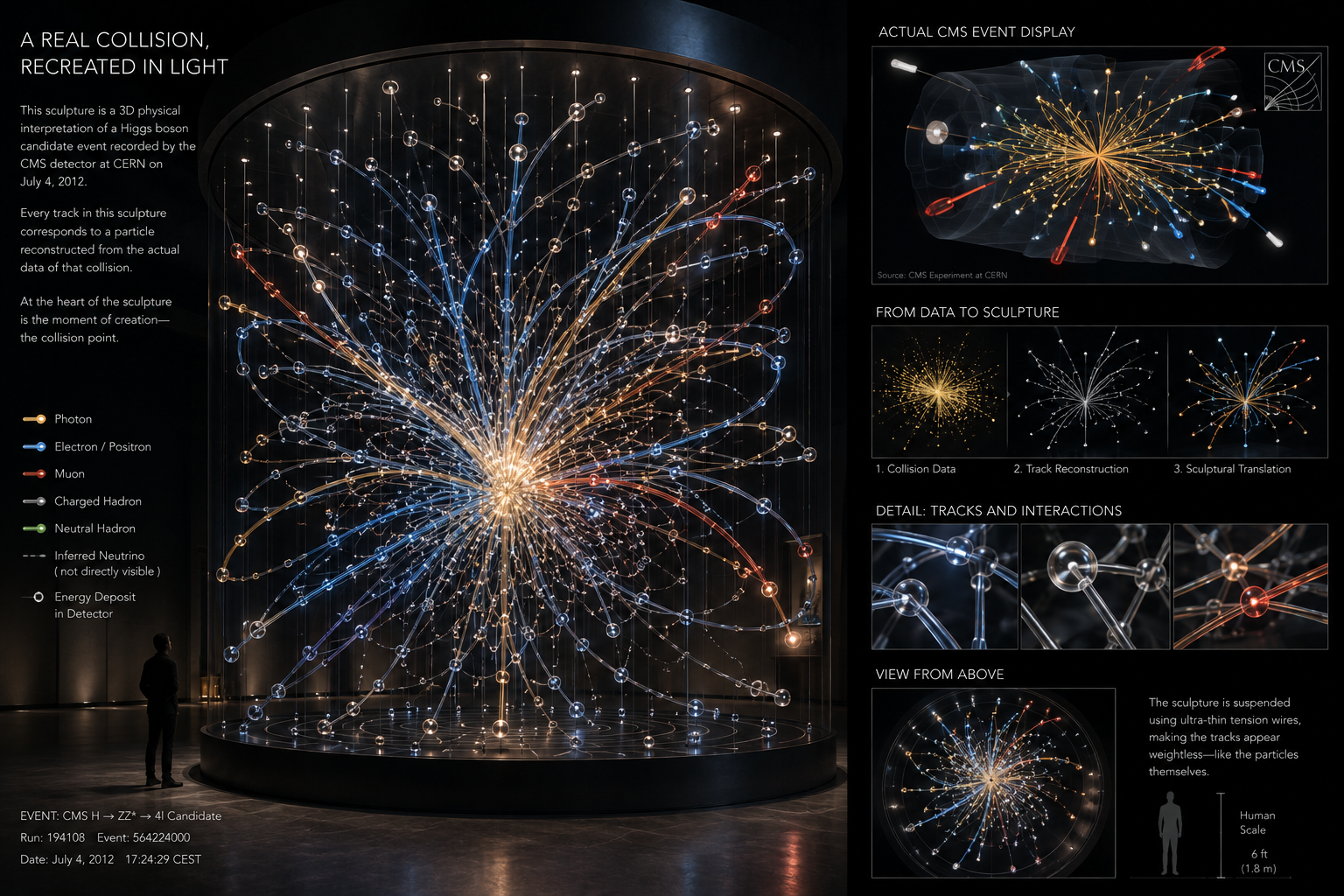 Luminous particle-inspired sculpture in an architectural setting
