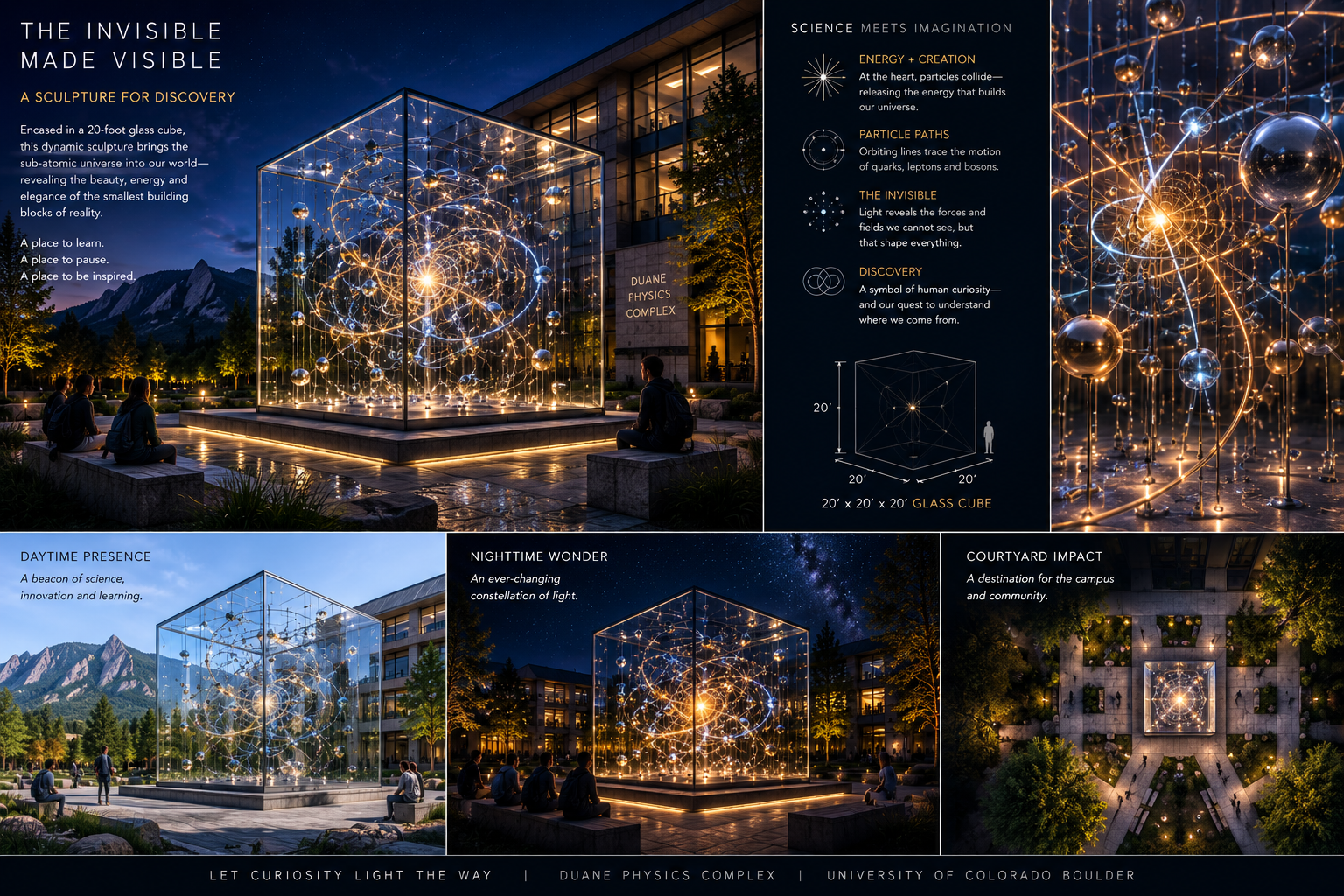 Transparent pavilion holding a particle-inspired installation