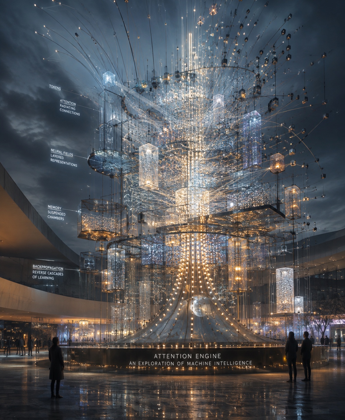 Towering network of lit threads and suspended glass chambers in a public courtyard