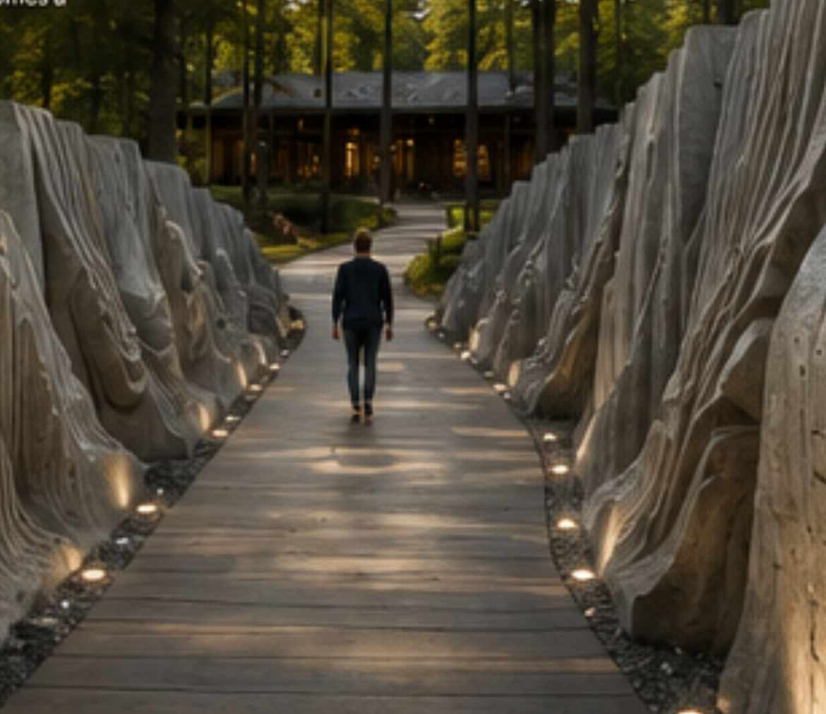 A person walking between sculpted stone walls beside a woodland building